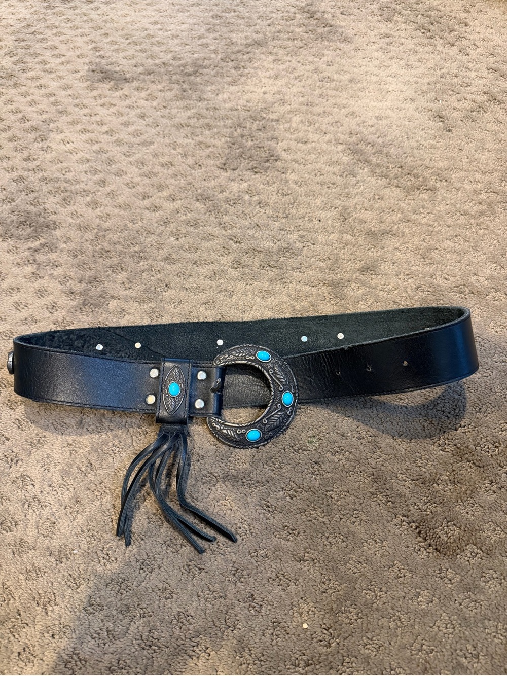 Black Leather Western-Style Belt with Turquoise Accents